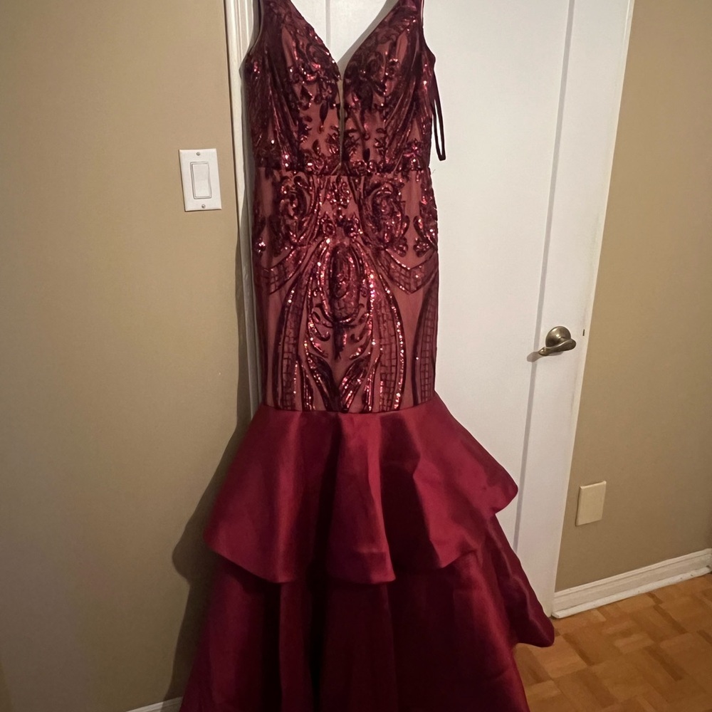 David's Bridal Red Sequin Embellished Prom Gown
